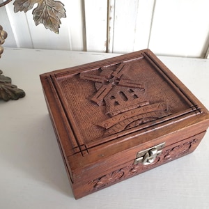 antique wooden box, old casket, jewelry box, wooden box, windmill, hand-carved, vintage, brocante, wooden box