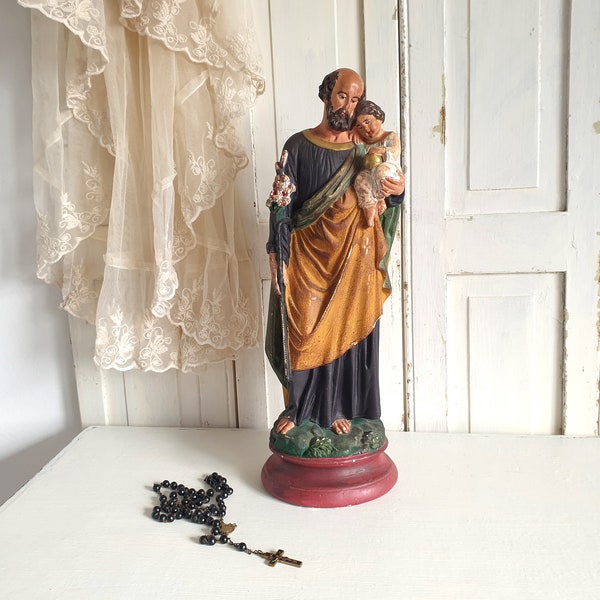 antike Heiligenfigur, Josef mit Jesuskind, alte Gipsfigur, Statue, handbemalt, religiös, brocante, vintage Krippe, Weihnachtsdeko