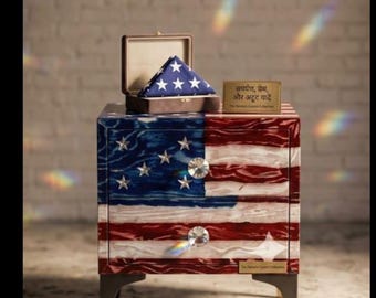Resin American Flag Nightstand, Epoxy Patriotic USA End Table with Drawers, Rustic Wood Bedside Accent Table, Custom Gift for Veteran