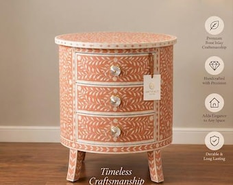 Handcrafted Bone Inlay Round Bedside Table, Terracotta Floral 3 Drawer Nightstand, Boho Side Table, Indian Vintage Accent Furniture