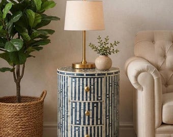 Handmade Bone Inlay Nightstand, Cylindrical Bedside Table with 3 Drawers, Boho Accent Furniture, Luxury Small Chest of Drawers