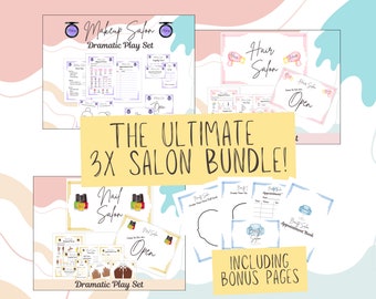 Beauty Salon Bundle - 3x Dramatic Play Sets - Makeup, Hair and Nail Salon - Dramatic Role Play Set for Kids Creative Play - Montessori