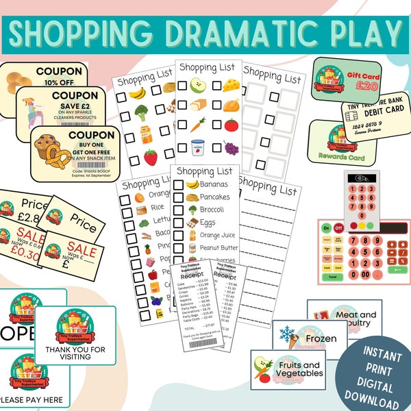 Kids Dramatic Play Grocery Supermarket Set - Printable Role Playing Games for Preschool Learning - Montessori Pretend Play -Digital Download