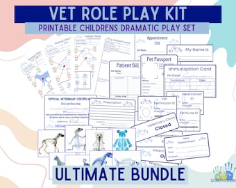 May include: A printable vet role play kit for children. The kit includes forms such as an animal check, patient bill, pet passport, immunization card, veterinarian ID, and vet nurse ID. The kit also includes a certificate, a prescription form, and a closed sign. The kit is illustrated with cartoon animals and includes a skeleton diagram of a dog, lizard, mouse, bear, and dinosaur.