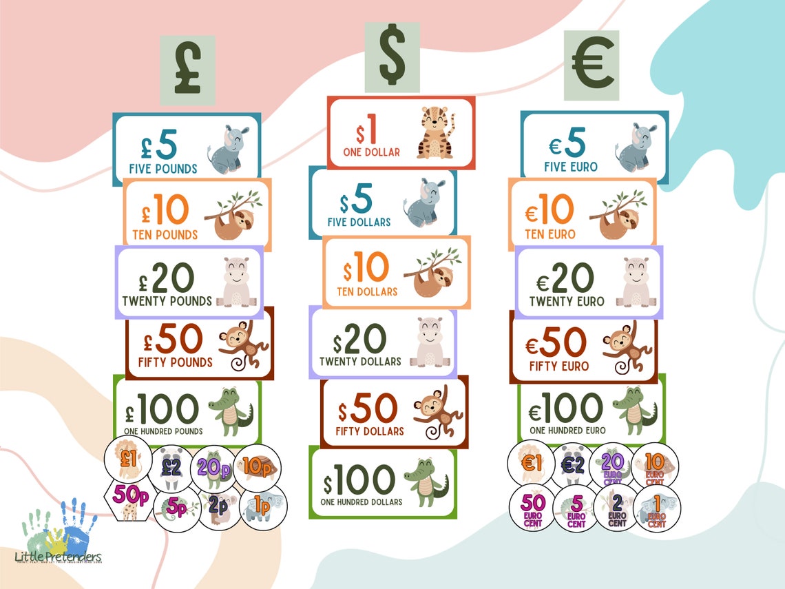 Printable Play Money Animal Currency - Dollars, Pounds, Euros - Dramatic Pretend Play ...