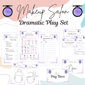 May include: A printable makeup salon play set with various forms and signs. The set includes a price list, request form, appointment list, loyalty card, appointment reminder, receipt, and an open sign. The set also includes two blank faces for customers to draw on.