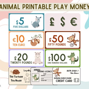 Printable Play Money Animal Currency - Dollars, Pounds, Euros - Dramatic Pretend Play, Educational Learning Home or School, Instant Download