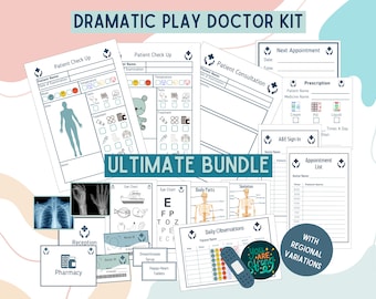 Conjunto de juegos dramáticos hospitalarios - Juego de roles imprimible, juego de simulación para niños - Configuración educativa del aula de educación preescolar en el hogar - Médico y enfermeras,