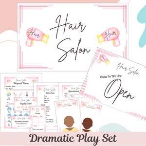 May include: A printable hair salon dramatic play set with pink and white accents. The set includes a sign that says "Hair Salon Come In We Are Open", a price list, a request form, a loyalty card, an appointment reminder, and two blank customer cards.