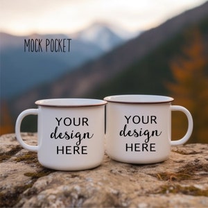 White Enamel Camping Cup two double cups Mockups Coffee Cup Mug Mock up Stock Photo Forest Mug Hot chocolate Outdoor JPG Digital Download