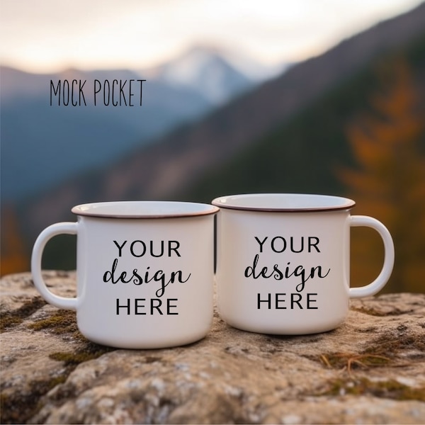 White Enamel Camping Cup two double cups Mockups Coffee Cup Mug Mock up Stock Photo Forest Mug Hot chocolate Outdoor JPG Digital Download