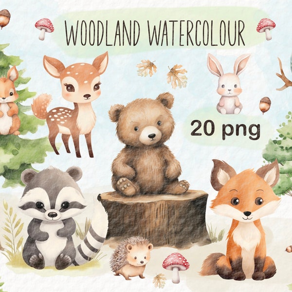 Woodland animals watercolor clipart, forest animals clip art, nursery decor, bear, fox, owl, hedgehog, rabbit