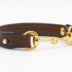 May include: A brown leather bracelet with a gold-toned horse bit clasp.