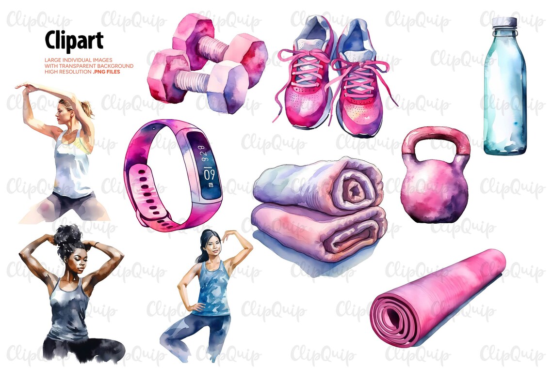 Fitness Watercolor Clipart & Quotes, Individual PNG SVG Images, Instant