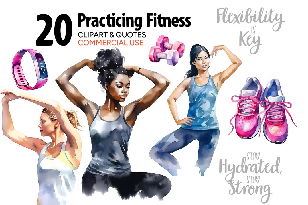 Fitness Watercolor Clipart & Quotes, Individual PNG SVG Images, Instant