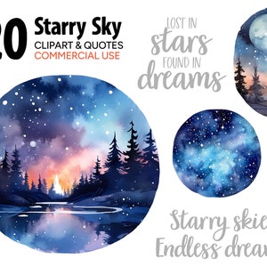 Blue Starry Sky Aquarel Clipart & Quotes, Individuele PNG SVG Afbeeldingen, Instant Download Digital Art Print, Commercieel Gebruik Illustraties