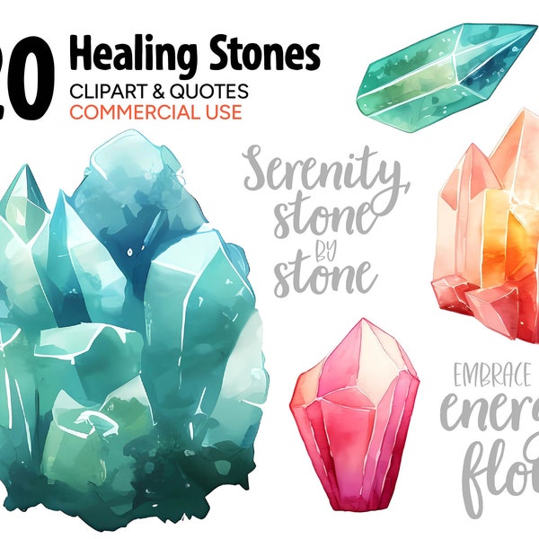 Healing Stones Watercolor Clipart & Quotes, Individual PNG SVG Images, Instant Download Digital Art Print, Commercial Use Illustrations
