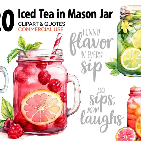 Iced Tea Watercolor Clipart & Quotes, Individual PNG SVG Images, Instant Download Digital Art Print, Commercial Use Illustrations, Mason Jar