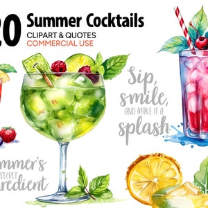 Cócteles de verano Acuarela Clipart & Cotizaciones, Imágenes PNG SVG individuales, Impresión de arte digital de descarga instantánea, Ilustraciones de uso comercial