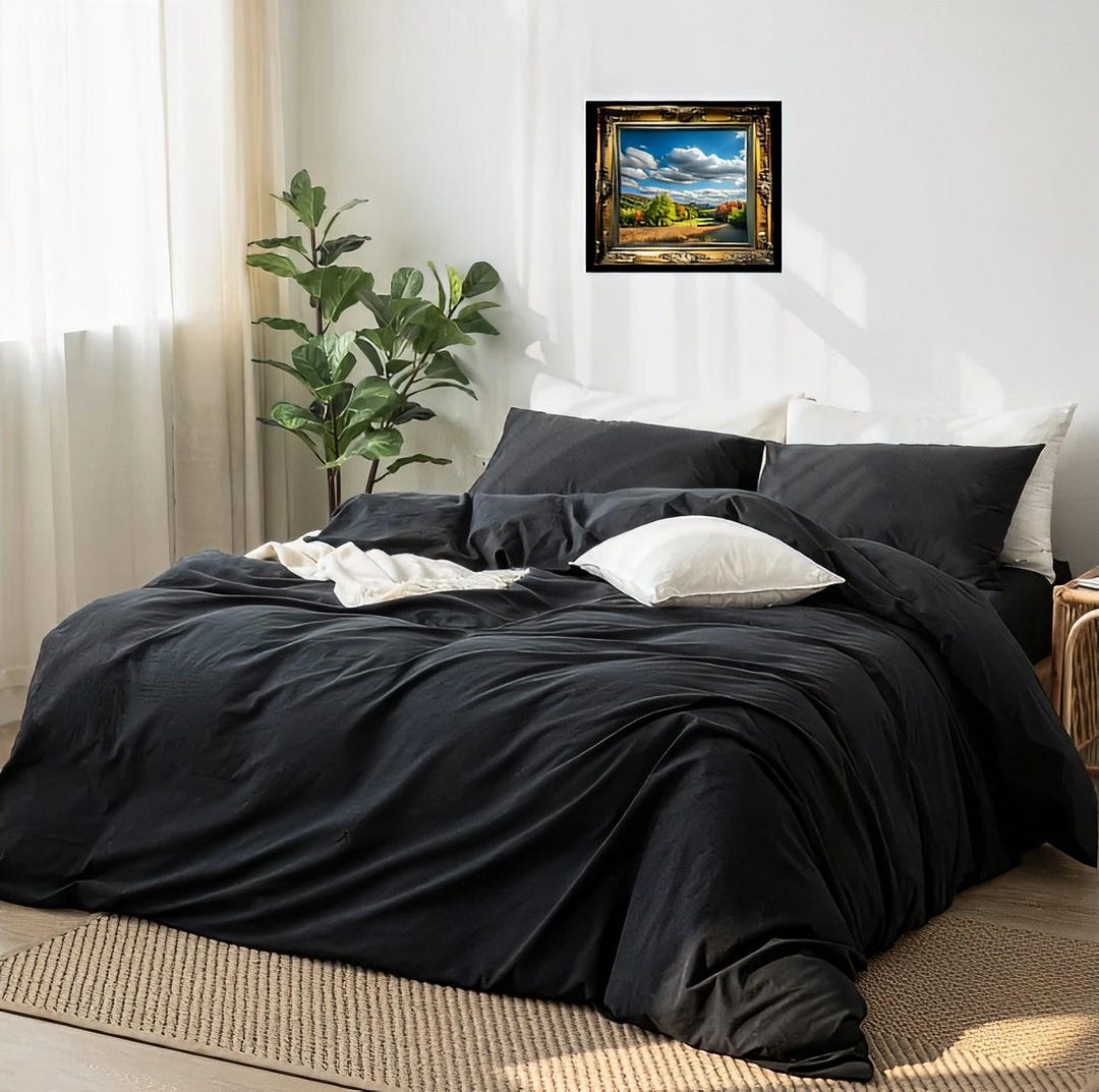 Black Color Linen Duvet Soft Linen Duvet Full Softened Quilt Cover King ...