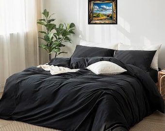 Black Linen Duvet Cover Set: Softened Quilt, King/Queen Bedding