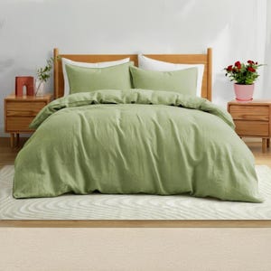 Light Green Linen Duvet Cover Set, Soft Washed Cotton, King/Queen