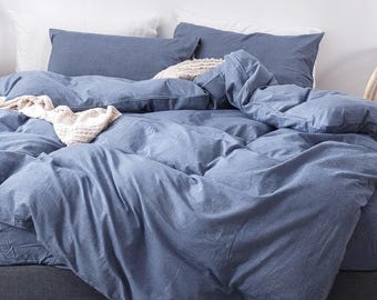 Denim Blue Linen Duvet Cover Set, Softened Quilt Bedding