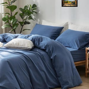 Organic Linen full soft duvet cover Navy Blue color 3 pcs set include (1 duvet cover 2 pillow cover)  AU Double with all bedding size.