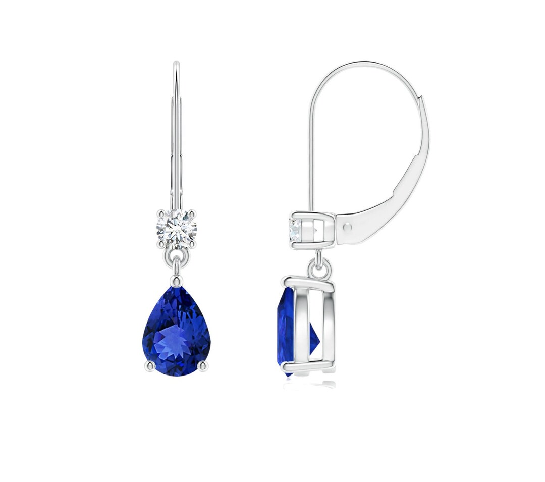 Solitaire Pear Tanzanite Leverback Drop Earrings With Diamond for Women ...