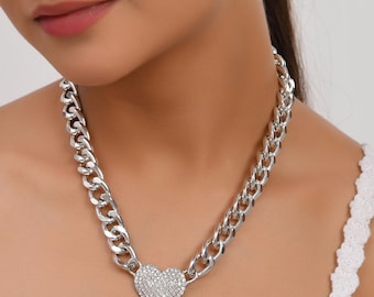 Collana Statement A Cuore Spesso In Acciaio Inossidabile - Gioiello Donna Con Ciondolo Cuore E Catena A Maglie, 50cm