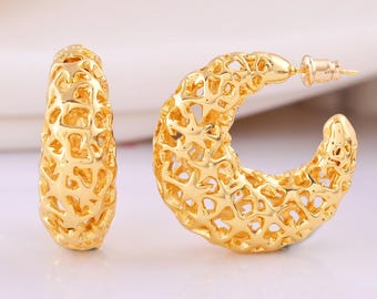 Gold Cutwork Hoop Earrings • Openwork Gold Hoops • Chunky Statement Earrings for Women • Designer Gold Jewelry
