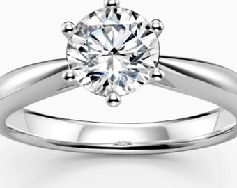 7mm Brilliant Round Cut 6 Prong Moissanite Ring, 14K White Gold Engagement Ring, Moissanite Bridal Ring, Moissanite Solitaire Statement Ring