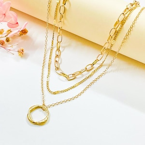 3 Layered Necklace, Gold Pated Necklace, Round Ring Pendant, Multi Layered Chain, Stucking Necklace, Birthday Gift.