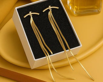 Gold Long Chain Tassel Earrings | Elegant Statement Dangle Earrings for Women | Minimalist Gold Bar Earrings | Modern Fashion Jewelry Gift