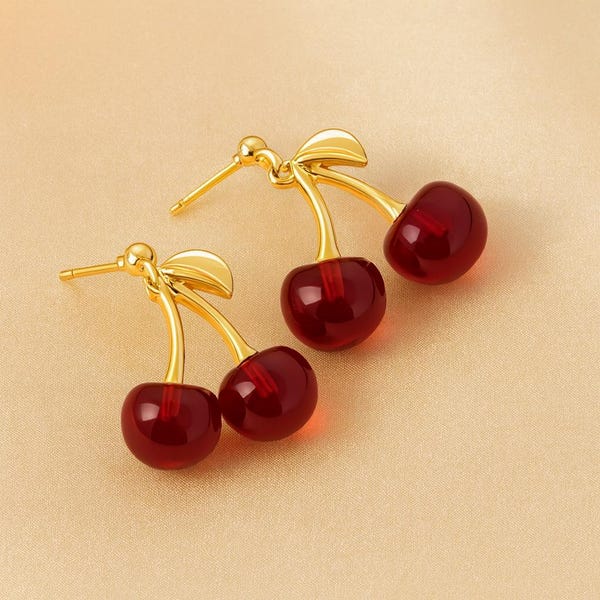 Rote Kirsche Tropfen Ohrringe • Vergoldete Obst Design Ohrstecker • Niedlicher Statement Schmuck für Frauen • Trendige Mode Ohrringe