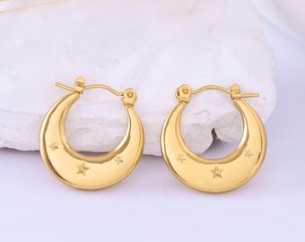 Gold Crescent Moon Hoop Earrings • Star Engraved Chunky Hoops • Celestial Statement Earrings • Trendy Aesthetic Jewelry • Gift for Her