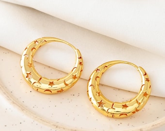 Gold Star Moon Hoop Earrings • Celestial Cut-Out Hoops • Chunky Minimal Gold Earrings • Trendy Cosmic Jewelry • Statement Hoop Gift for Her