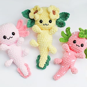 axolotl with flowers floral-themed cute crochet amigurumi bundle pattern for beginners 3 in 1