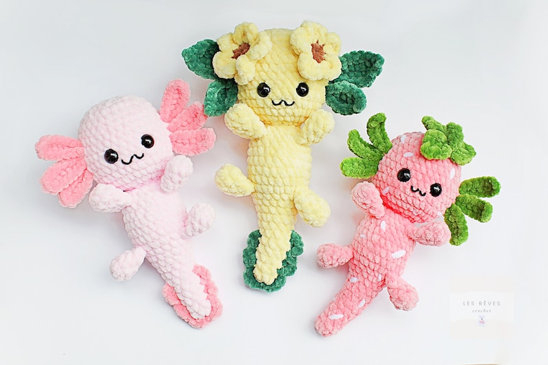 axolotl with flowers floral-themed cute crochet amigurumi bundle pattern for beginners 3 in 1