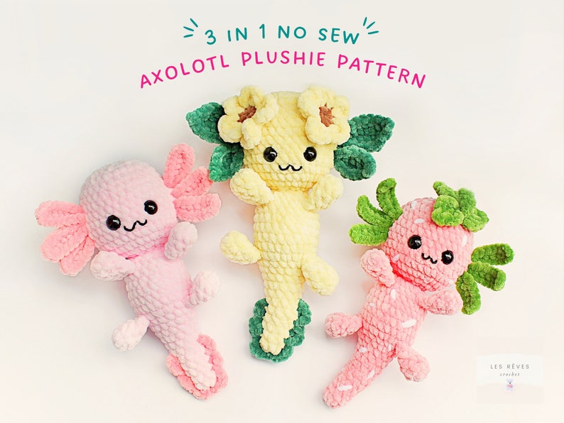 no sew axolotl crochet pattern kawaii cute amigurumi fish sunflower plushie plush pattern adorable floral-themed crochet beginner crochet pattern bundle pdf pattern for beginners quick no sew amigurumi pattern