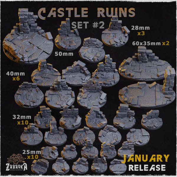 3D Printed Castle Ruins Mini Bases For Warhammer 40k/AOS & Other War gaming Minis