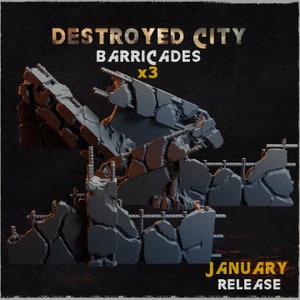 May include: Three grey concrete barricades with metal reinforcement bars. The barricades are broken and cracked, giving them a destroyed city look. The text "DESTROYED CITY BARRICADES x3 JANUARY RELEASE" is displayed on a black background.