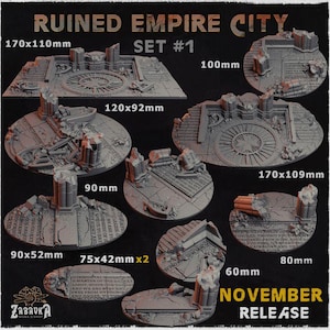 May include: A set of ten ruined city themed miniature bases for tabletop gaming. The bases are made of resin and come in various sizes, ranging from 60mm to 170mm. The bases feature detailed ruined structures and textures, perfect for creating a post-apocalyptic or fantasy cityscape.