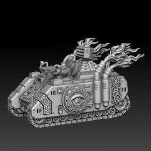 May include: A detailed 3D printed model of a futuristic tank with a large eye on the side, flames coming out of the back, and a turret with a gun on top.
