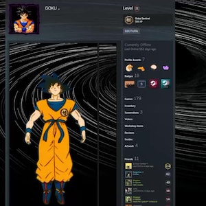 May include: A digital user profile interface featuring a central illustration of the character Goku wearing an orange gi with a blue undershirt, blue wristbands, and blue boots. The profile displays text including GOKU, Level 21, and Global Sentinel.