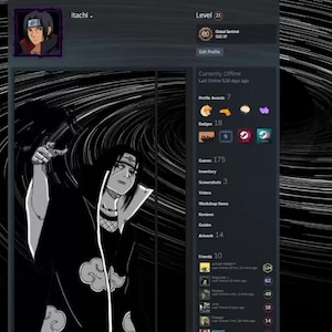 May include: A digital profile page featuring a black and white illustration of a character with long dark hair wearing a high-collared cloak with cloud patterns. The interface displays the username Itachi, level 21, and various profile statistics.