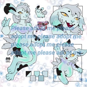 May include: A digital illustration of a light blue bunny with black spots. The bunny has a white and gray fluffy tail and is holding its paw up in the air. The bunny is surrounded by a white background with pink and blue flowers. The text "Please adopt me please" is written in pink and blue letters on the image.