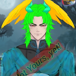 May include: Digital art of a character with green hair, red eyes, and yellow wings. The character is wearing a blue and black outfit. Text on the image reads "Not Yours, yet!" and "base by misial". The image has a fantasy theme.