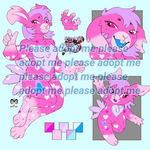 May include: A digital illustration of a pink anthropomorphic bunny with purple accents, hearts, and stars. The text "Please adopt me please" is repeated throughout the image. A smaller bunny and color swatches are also included.