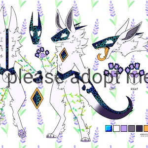May include: A digital character reference sheet featuring a white anthropomorphic creature with blue and black scale patterns on its mask, chest, and tail. The design includes a side profile, a back view, paw pad details, and a color palette.